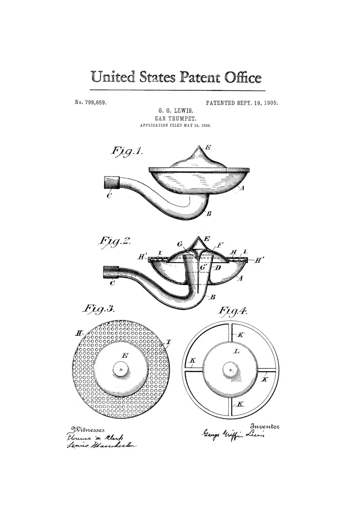 1905 Hearing Aid Patent Print - Ear Trumpet, Wall Decor, Bizarre Art, Bizarre Decor, Hearing Aid, Ear Doctor Office, Medical Office Decor