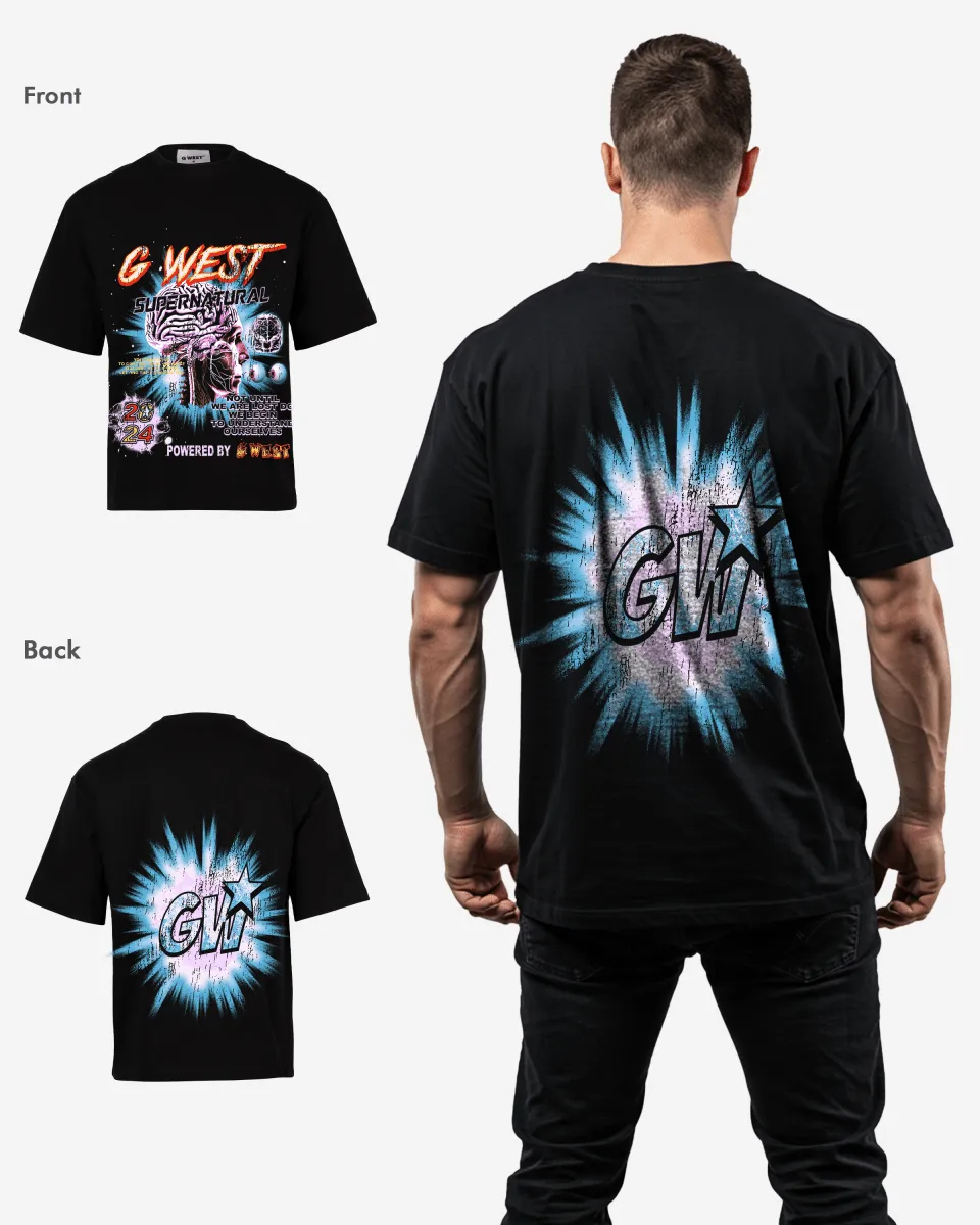 G West Supernatural Acid Wash Premium Oversized Tee Front And Back Print