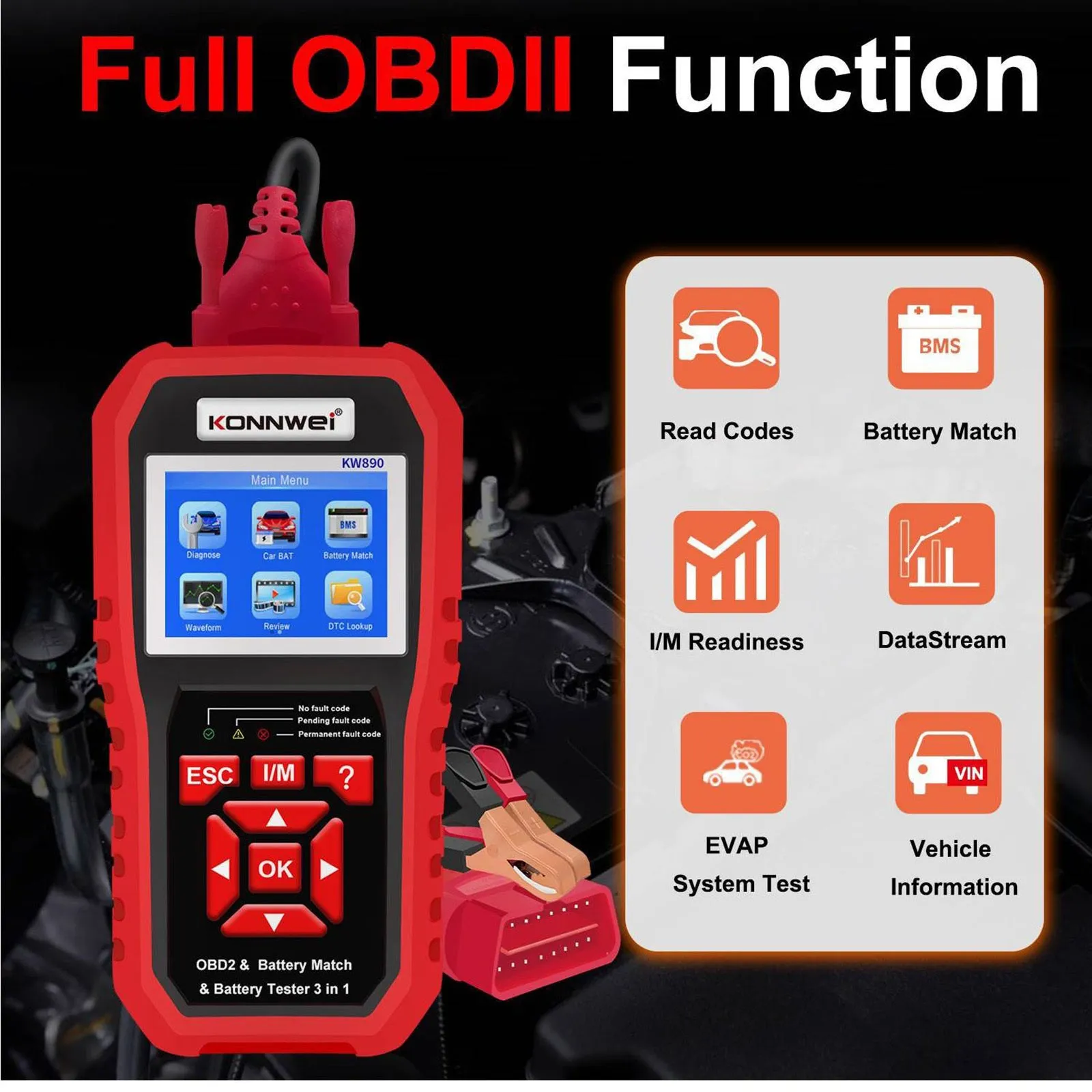Kw880 Car Obdii Diagnostic Fault Scanner Tool Battery Real-time