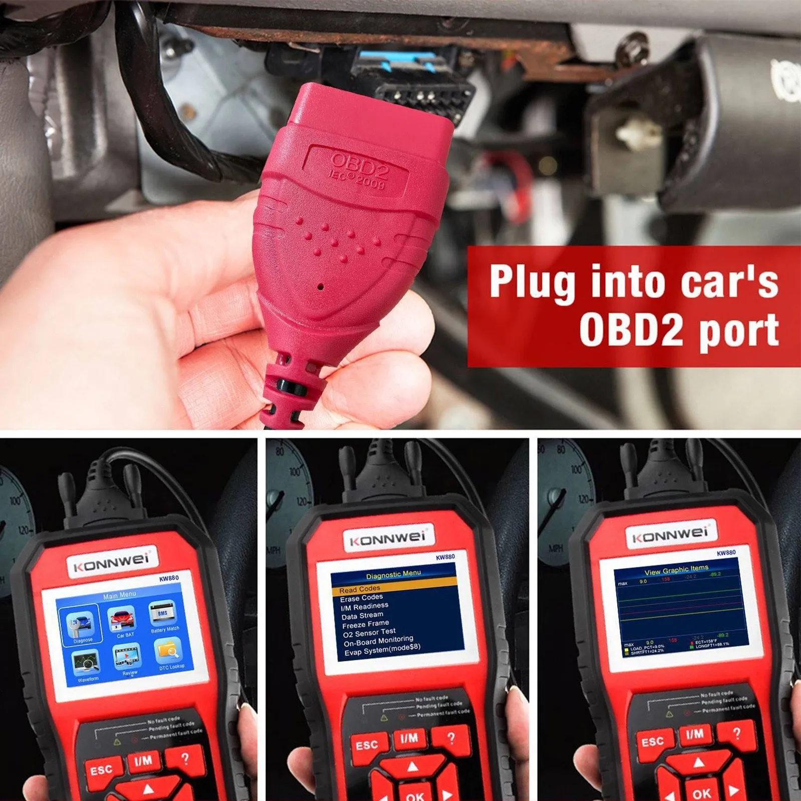 Kw880 Car Obdii Diagnostic Fault Scanner Tool Battery Real-time