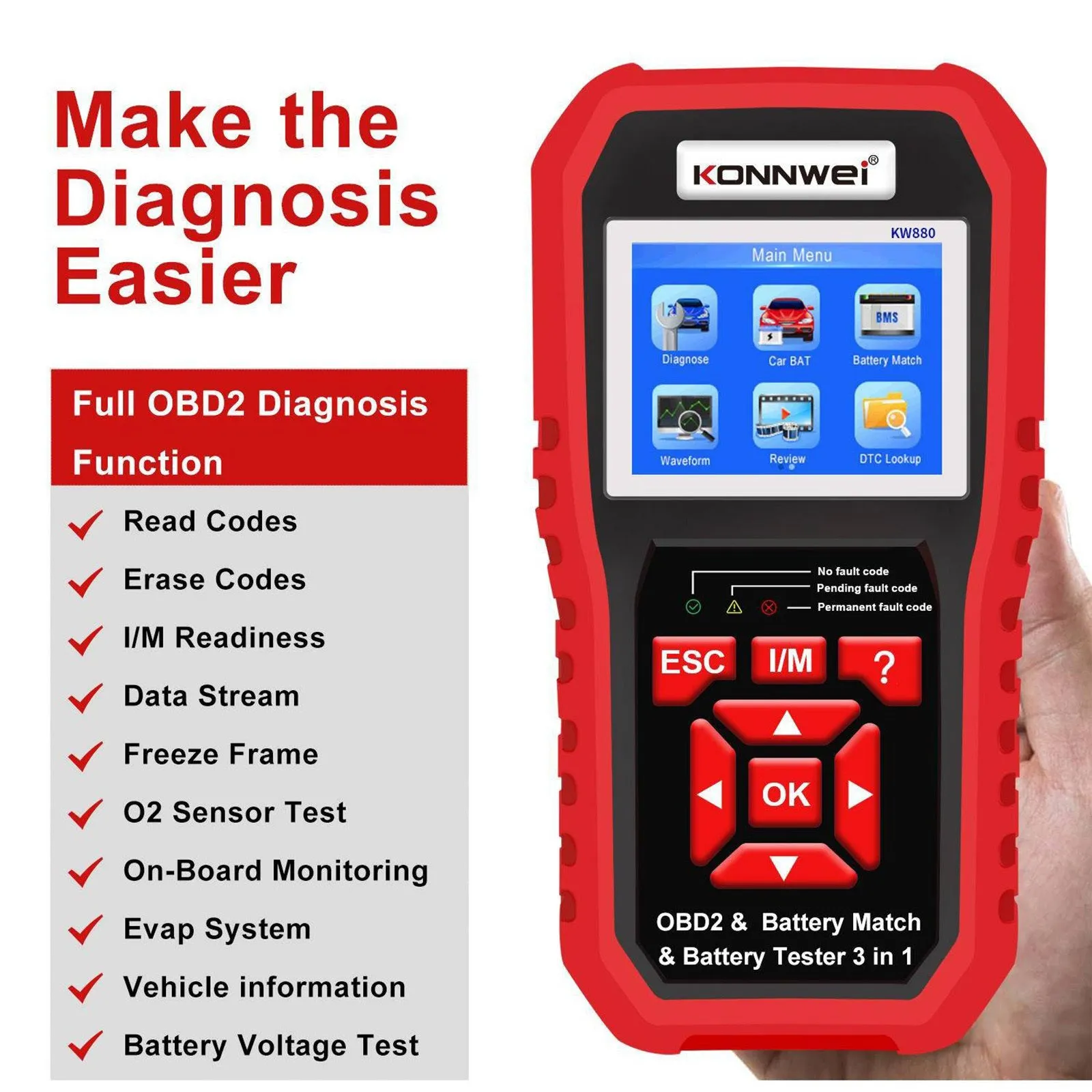 Kw880 Car Obdii Diagnostic Fault Scanner Tool Battery Real-time