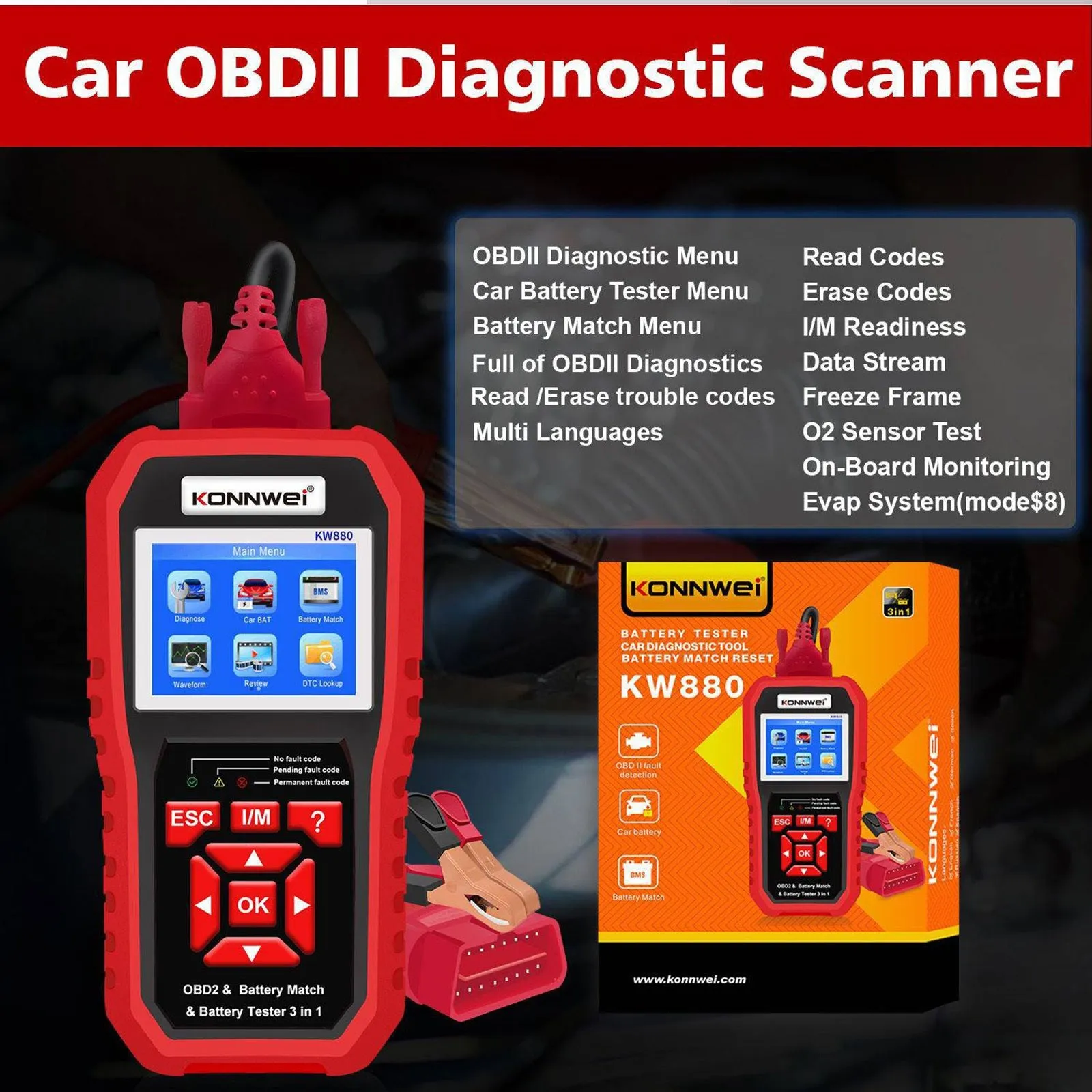 Kw880 Car Obdii Diagnostic Fault Scanner Tool Battery Real-time