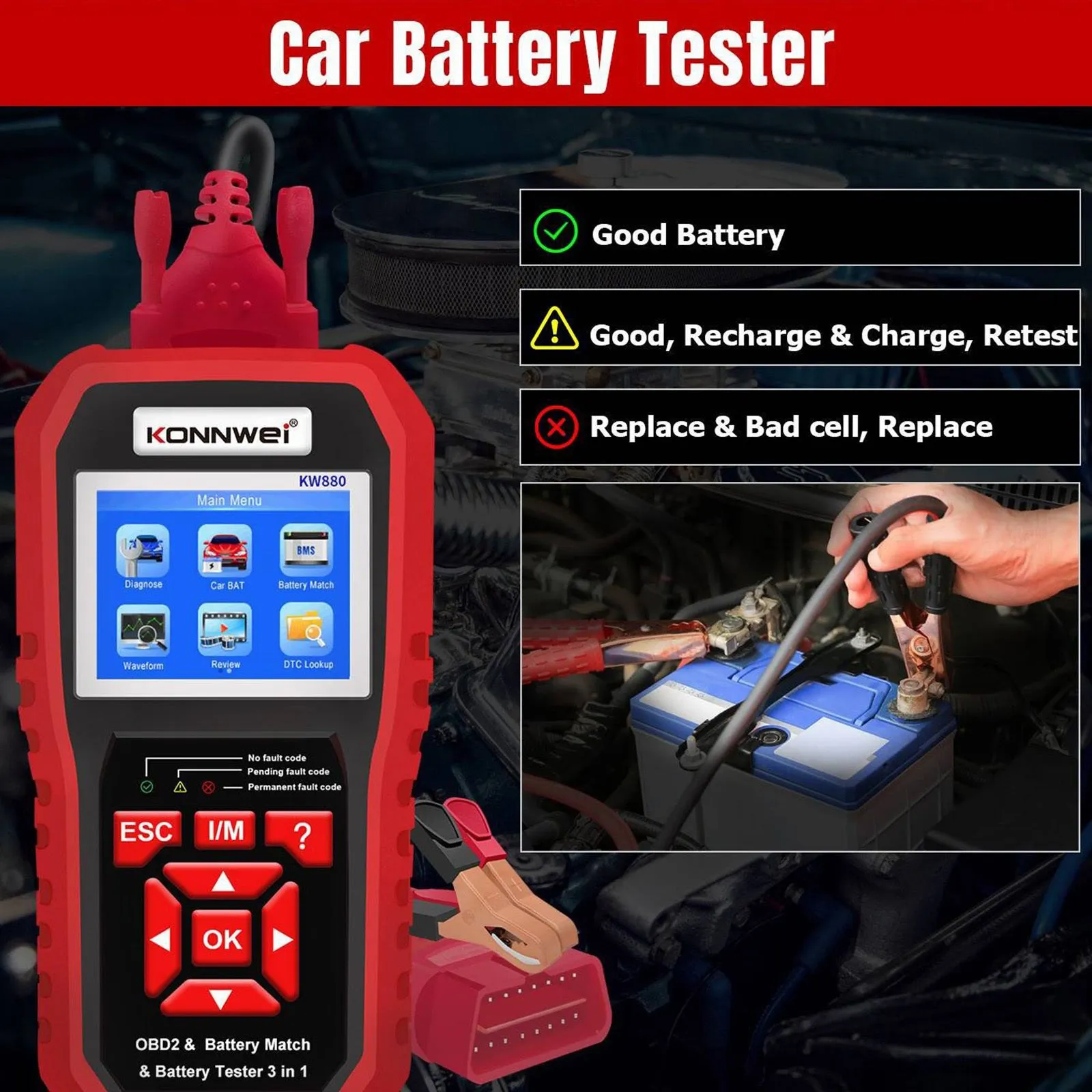Kw880 Car Obdii Diagnostic Fault Scanner Tool Battery Real-time
