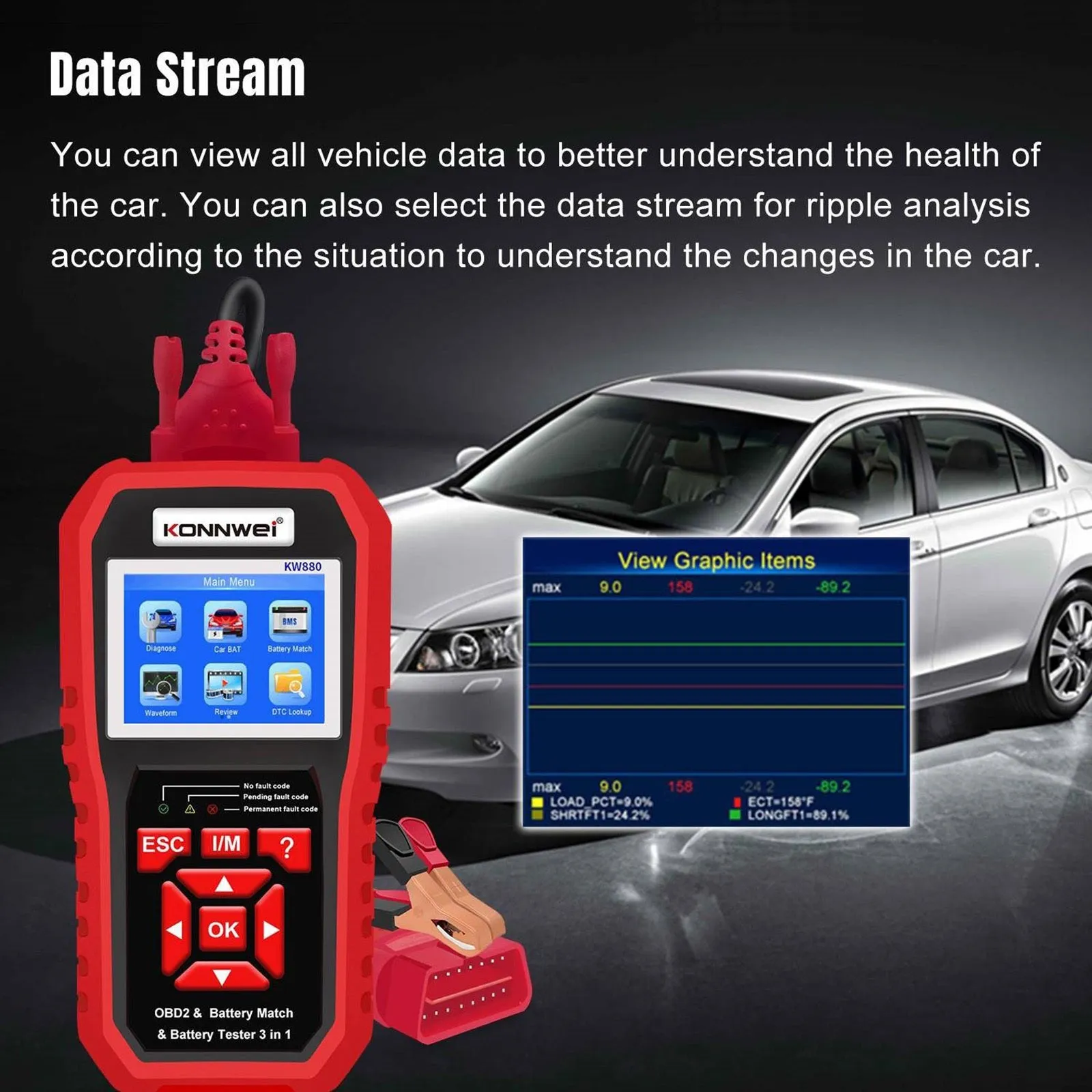 Kw880 Car Obdii Diagnostic Fault Scanner Tool Battery Real-time