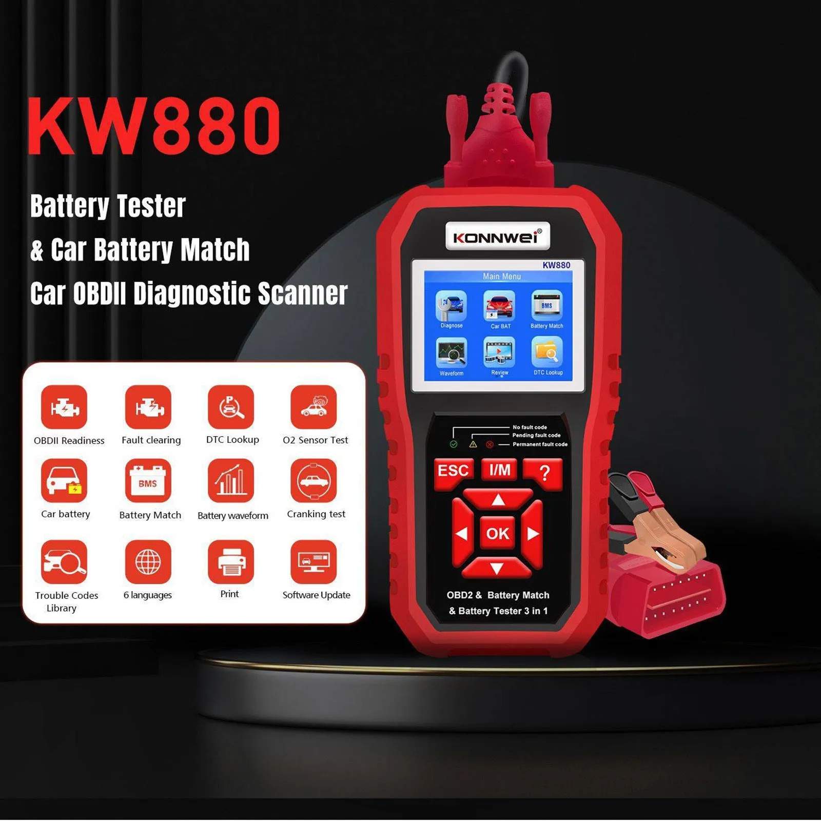 Kw880 Car Obdii Diagnostic Fault Scanner Tool Battery Real-time
