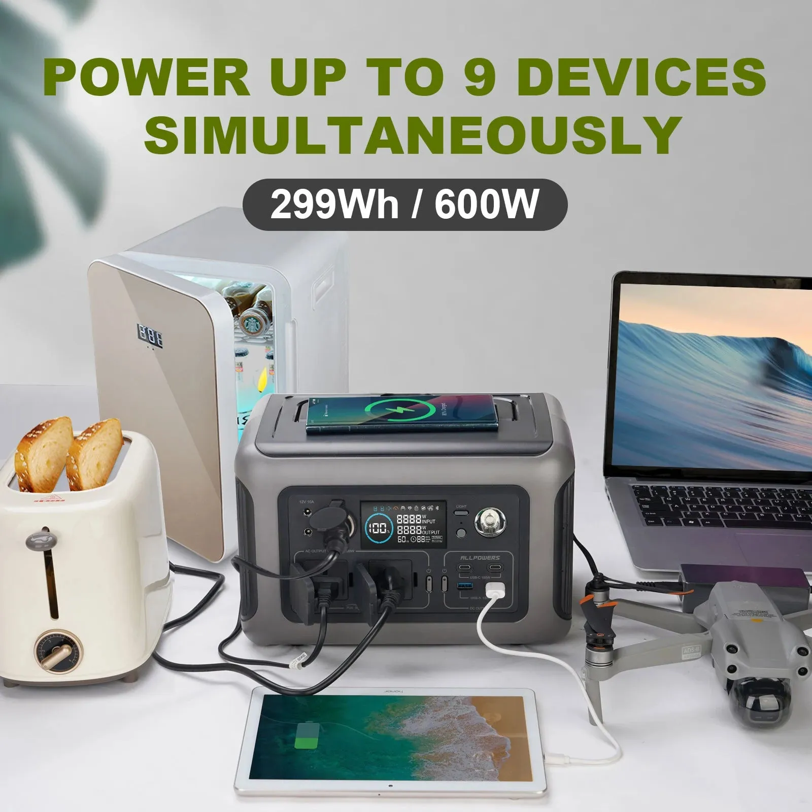 R600 Portable Power Station 299Wh with 2x 600W AC Outlets, LiFePO4 Battery