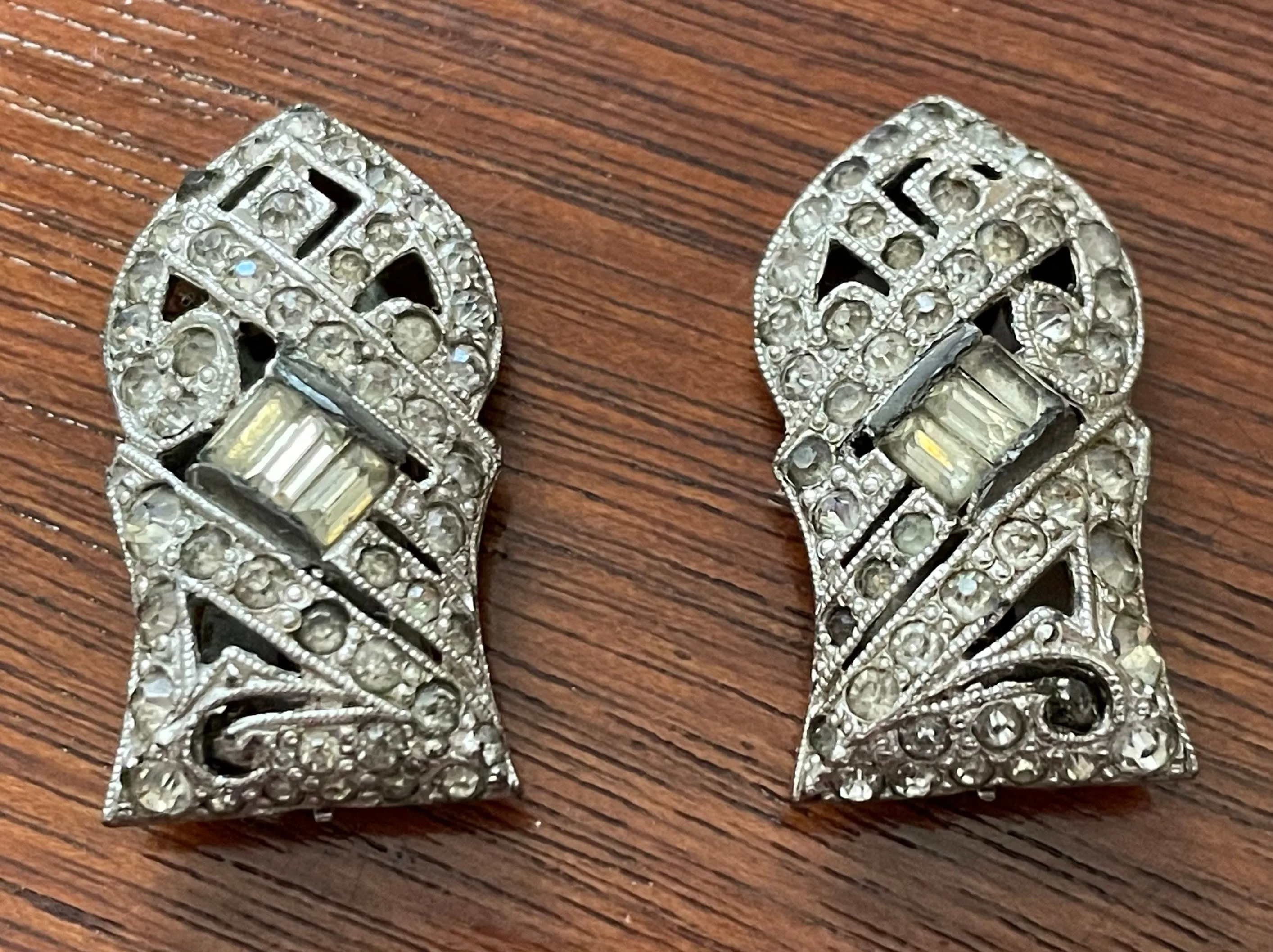 Vintage Art Deco Silver Tone Baguette Shoe Clips