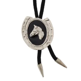 Vintage Silver Horse in Black Horse Shoe Western Bolo Tie