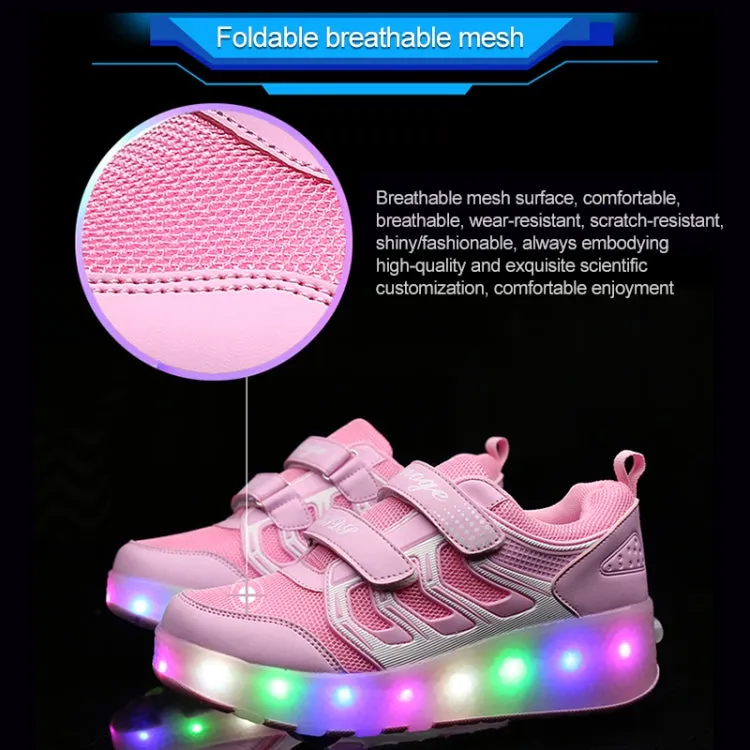 WS01 LED Light Ultra Light Mesh Surface Rechargeable Double Wheel Roller Skating Shoes Sport Shoes, Size : 28(Pink)