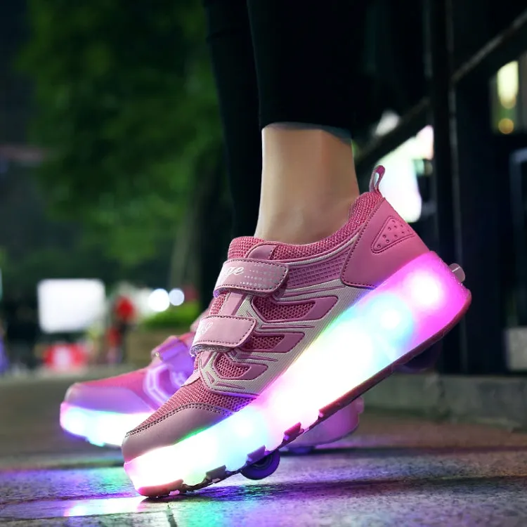 WS01 LED Light Ultra Light Mesh Surface Rechargeable Double Wheel Roller Skating Shoes Sport Shoes, Size : 28(Pink)