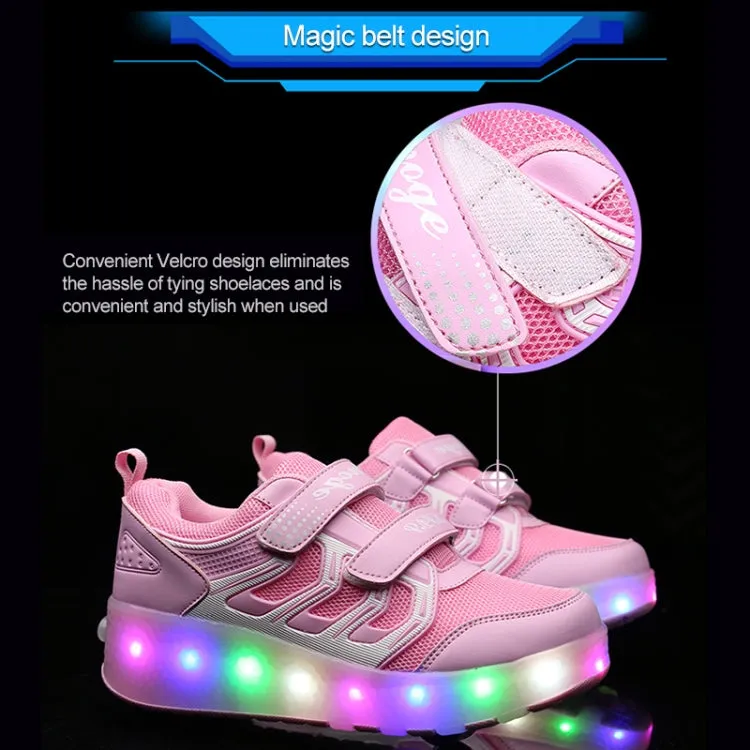 WS01 LED Light Ultra Light Mesh Surface Rechargeable Double Wheel Roller Skating Shoes Sport Shoes, Size : 28(Pink)