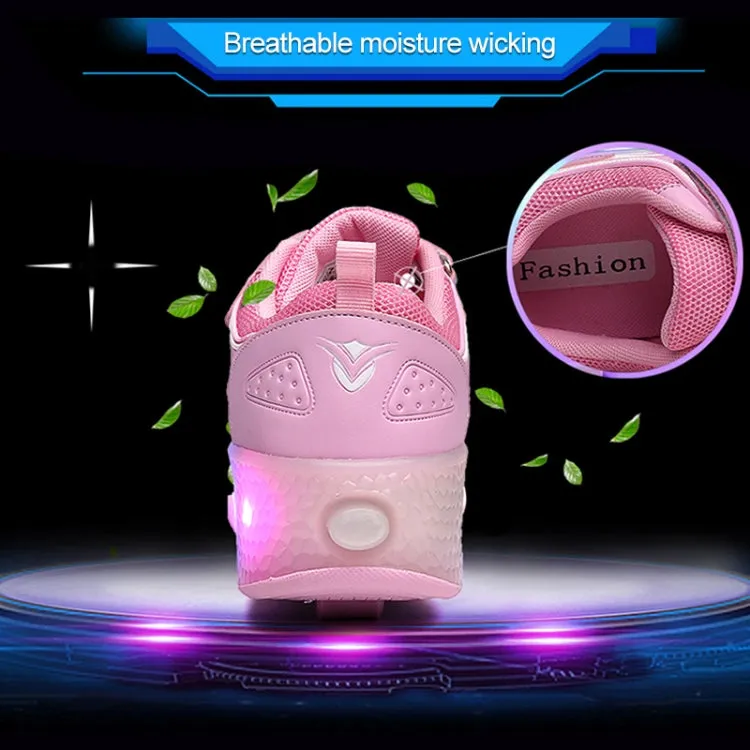WS01 LED Light Ultra Light Mesh Surface Rechargeable Double Wheel Roller Skating Shoes Sport Shoes, Size : 28(Pink)