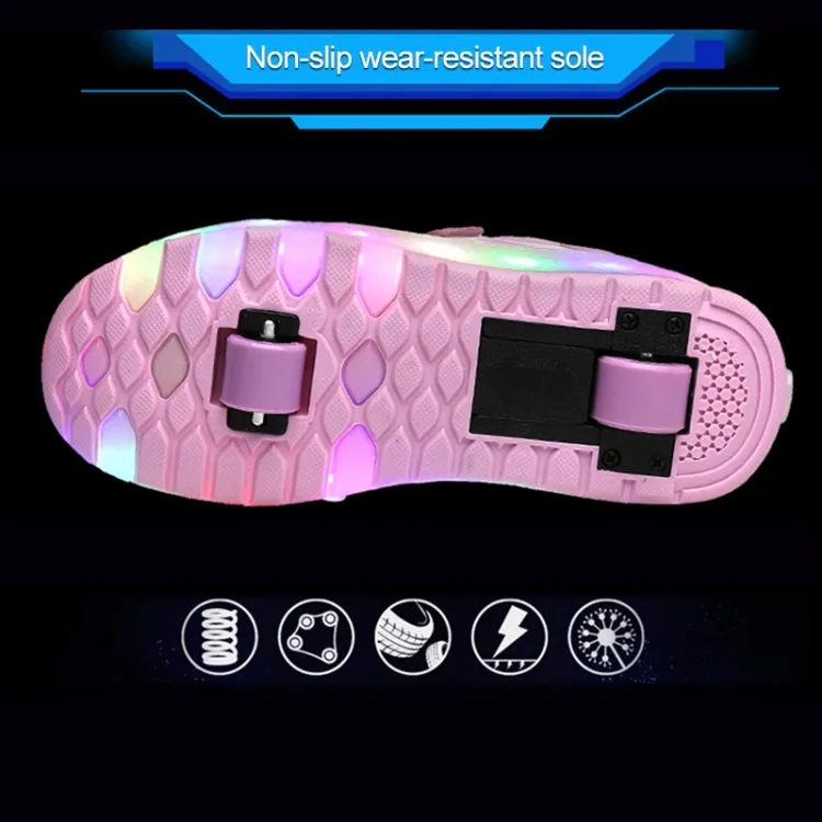 WS01 LED Light Ultra Light Mesh Surface Rechargeable Double Wheel Roller Skating Shoes Sport Shoes, Size : 28(Pink)