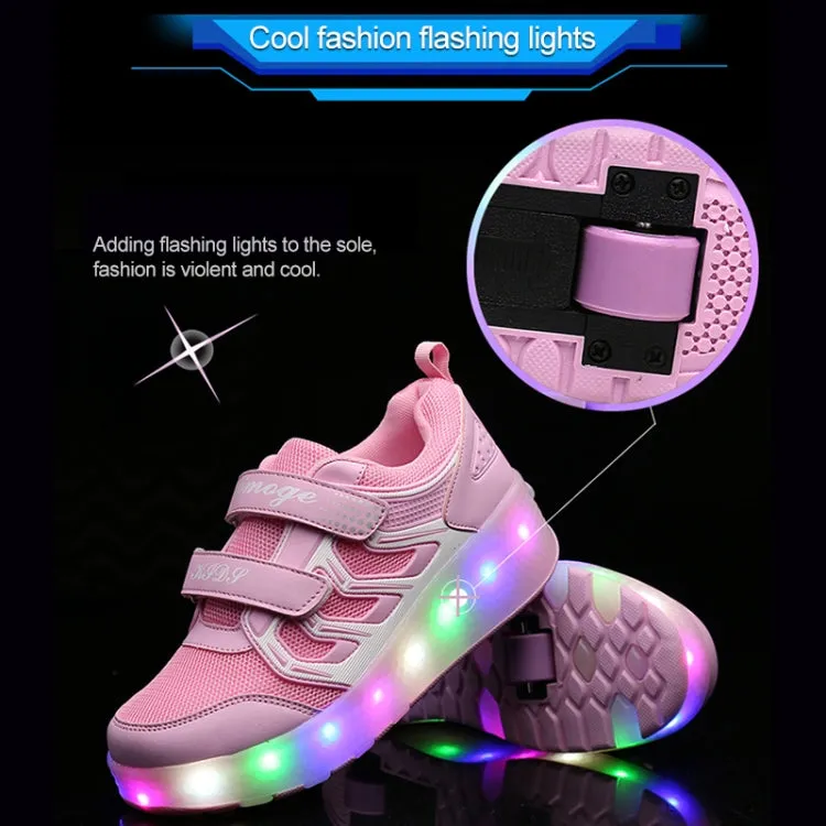 WS01 LED Light Ultra Light Mesh Surface Rechargeable Double Wheel Roller Skating Shoes Sport Shoes, Size : 28(Pink)